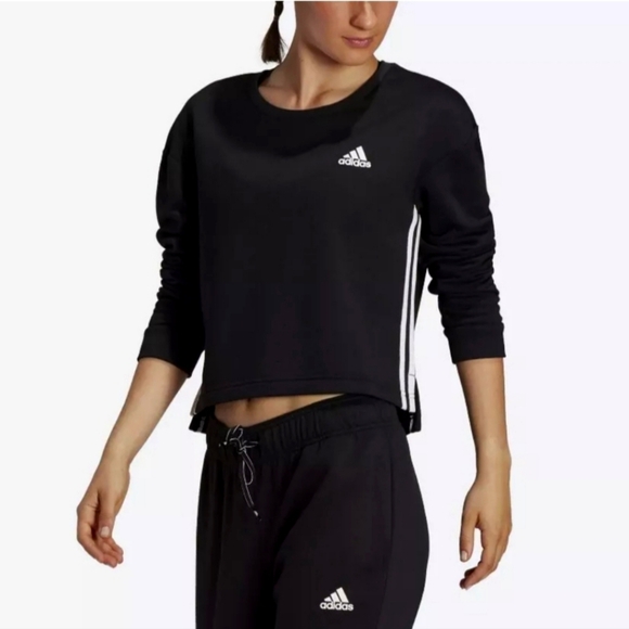 adidas Tops - adidas Women's Primegreen Comfort Fleece Loose Cropped Black 3-Stripes Top NWT L